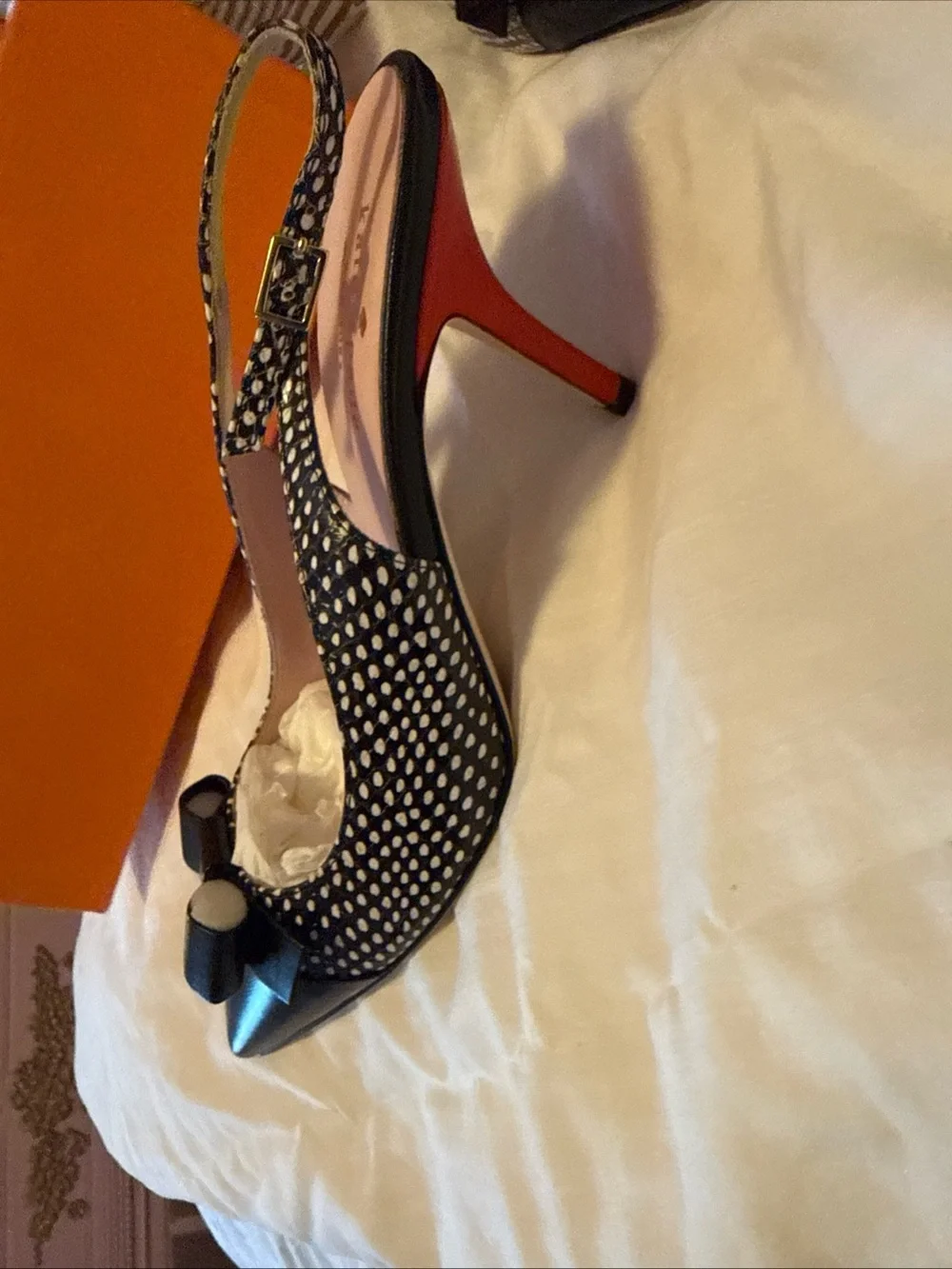 Kate Spade Jannah B/W Polka Dot Slingback Pointed Toe Pump w/ Bow by & red heals